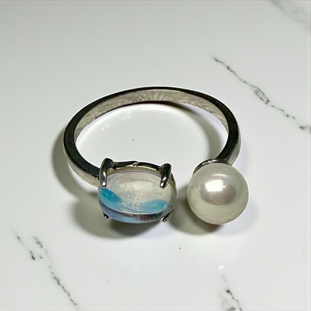 New Adjustable Sterling Silver, Moonstone & Crystal Pearl Ring